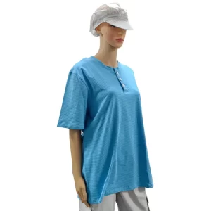 Cleanroom 99% Cotton+1% Carbon Fiber Blue Unisex ESD Anti-static O-neck T-shirt With 3 Buttons - Image 2