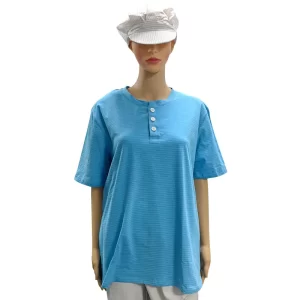 Cleanroom 99% Cotton+1% Carbon Fiber Blue Unisex ESD Anti-static O-neck T-shirt With 3 Buttons - Image 1
