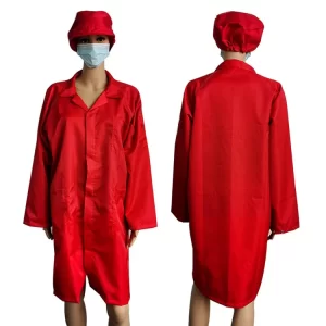 96% Cotton Red ESD Antistatic Smock Coverall with Same Color Cap - Image 2