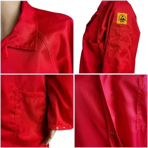 96% Cotton Red ESD Antistatic Smock Coverall with Same Color Cap - Image 4