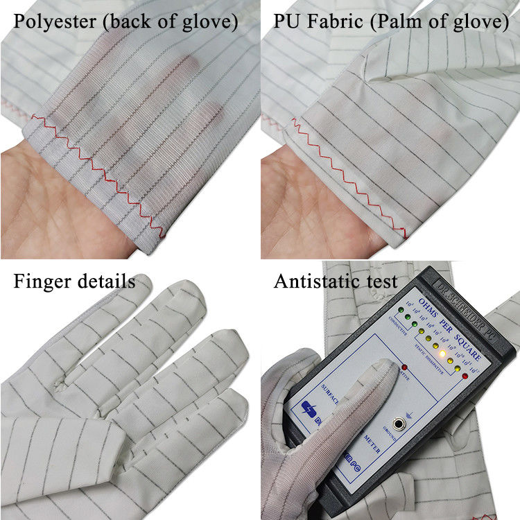 White Stripe PU Fabric ESD Anti Static Gloves Lint Free For Industrial Cleanroom - Image 2