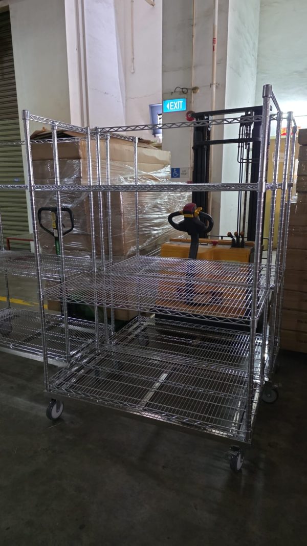 Chrome Wire Storage Trolley Singapore Warehouse Heavy-duty chrome wire storage trolley with handle in Singapore warehouse