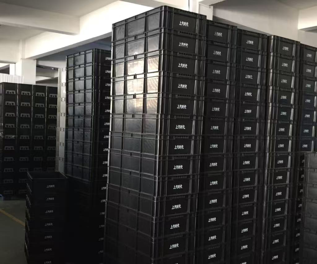 Conductive ESD storage box Singapore stacked in a warehouse for safe ESD storage and handling