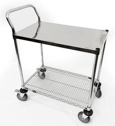 Stainless steel chrome utility cart with handle and wire shelf for Singapore industrial and cleanroom use
