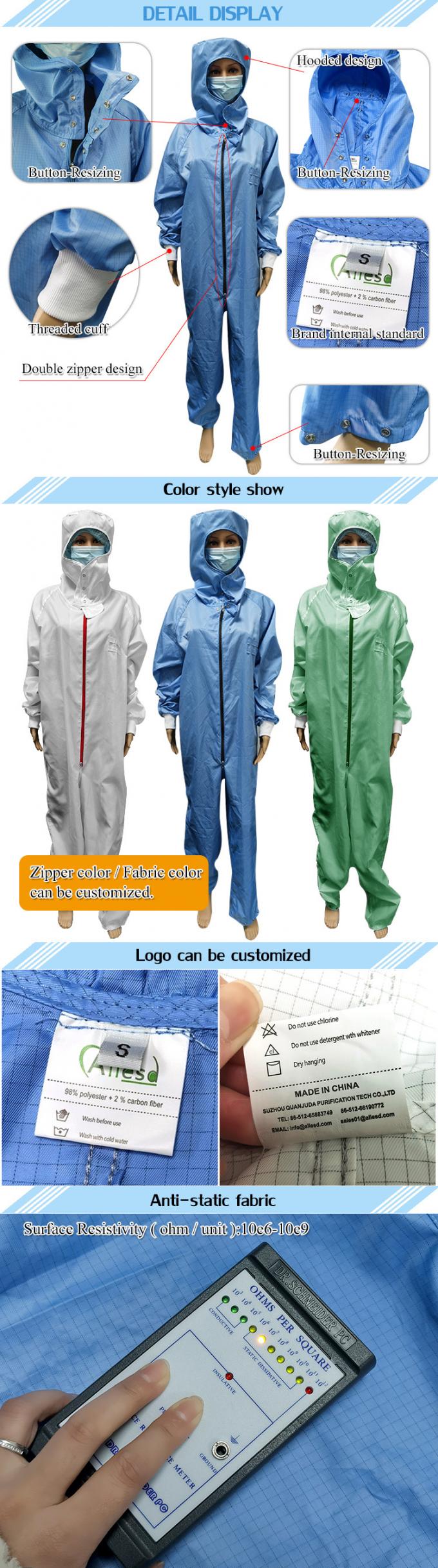 Dust Free Anti Static Cleanroom Jumpsuit With Hood White Washable 0