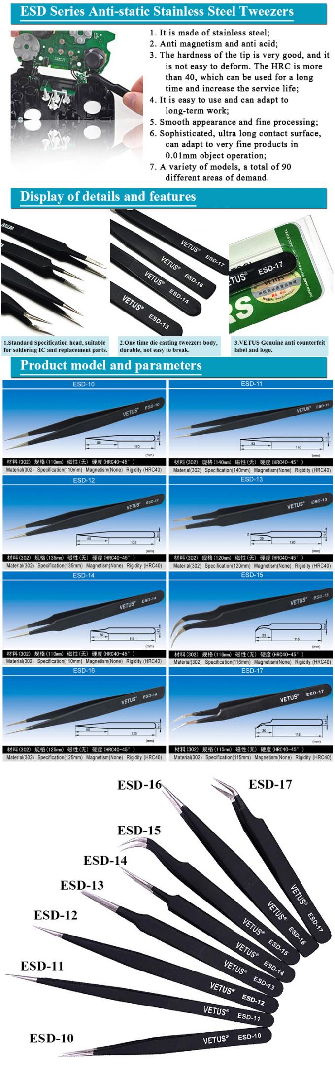 High Precision Stainless Steel Tweezers For Cleanroom Assembly Tools 10pcs/Set 0