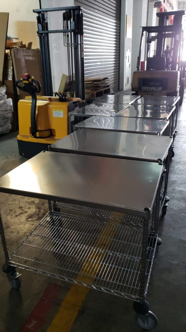 Stainless steel top trolleys with chrome wire lower shelf on castors, supplied in Singapore by Phil Industries
