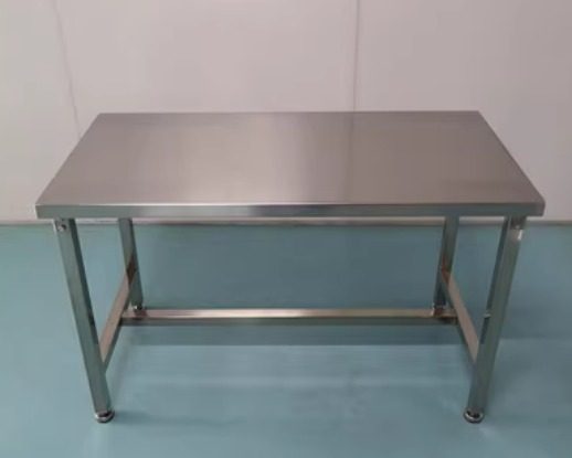 Stainless Steel Workbench with H-Frame Bracing – Singapore Stainless steel workbench with square-tube legs and H-frame bracing, fabricated in Singapore by Phil Industries